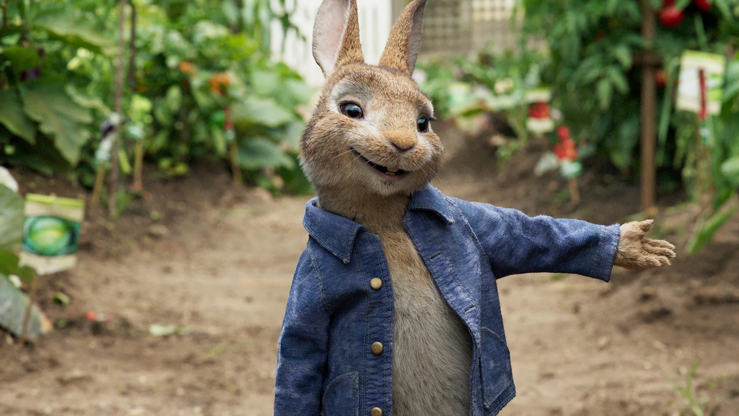 "Peter Hase": Peter Hase (Sprecher: Christoph Maria Herbst) steht im Gemüsegarten und zeigt stolz auf die Pflanzen.