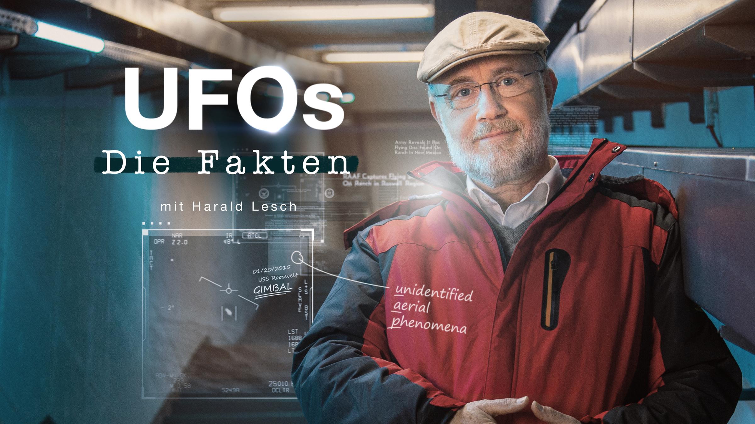 "ZDFzeit: UFOs - Die Fakten mit Harald Lesch": Professor Harald Lesch schaut in die Kamera. Neben ihm sieht man grafisch dargestellt den Sendetitel sowie die Originalaufnahme eines unidentifizierten Flugobjekts.