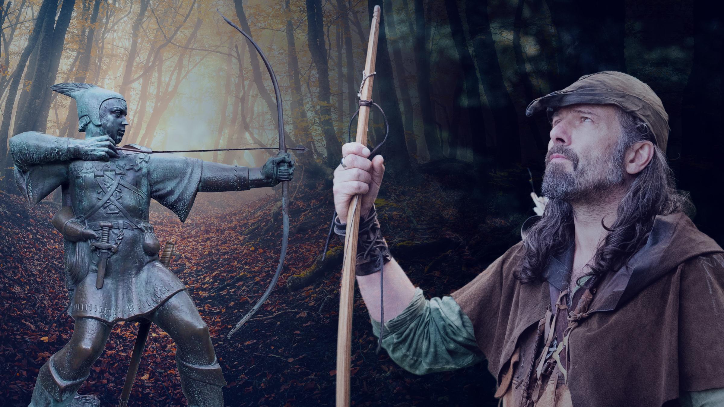 "Mythos - Die größten Rätsel der Geschichte: Robin Hood": Montage: rechts ein als Robin Hood verkleideter Mann, links eine Statue von Robin Hood. Im Hintergrund ein Wald.