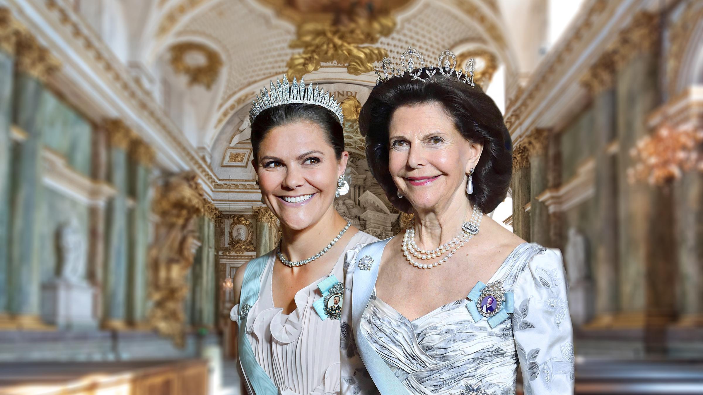 "ZDFzeit: Die Kraft der Königin - Schwedens starke Frauen": Kronprinzessin Victoria und Königin Silvia von Schweden im offiziellen Festtags-Outfit.
