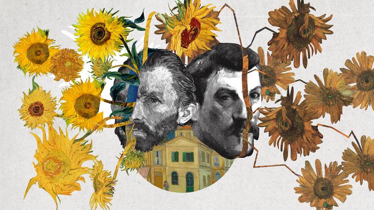 "Künstlerduelle: Van Gogh vs. Gauguin": In der Mitte der Grafik sind die Köpfe Van Goghs (links) und Gauguins (rechts). Dahinter der Ausschnitt eines Gemäldes mit einem Haus. Dem Kopf van Goghs entwachsen gelbe, dem Kopf Gauguin bräunliche Sonnenblumen.