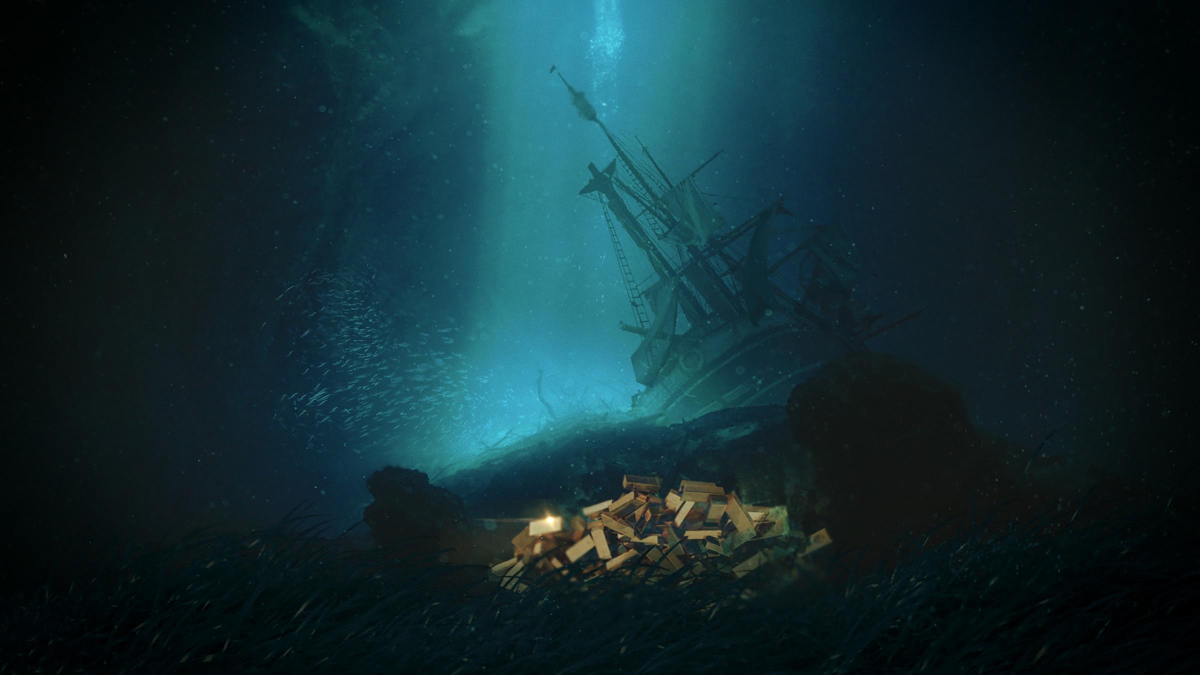 "Terra X - Die Schiffbrüchigen": Computeranimierte Szene. Am Meeresgrund ist ein Haufen Goldbarren zu sehen. Im Hintergrund ist ein Segelschiff zu sehen, von dem Blasen aufsteigen. Links daneben ein Schwarm Fische.