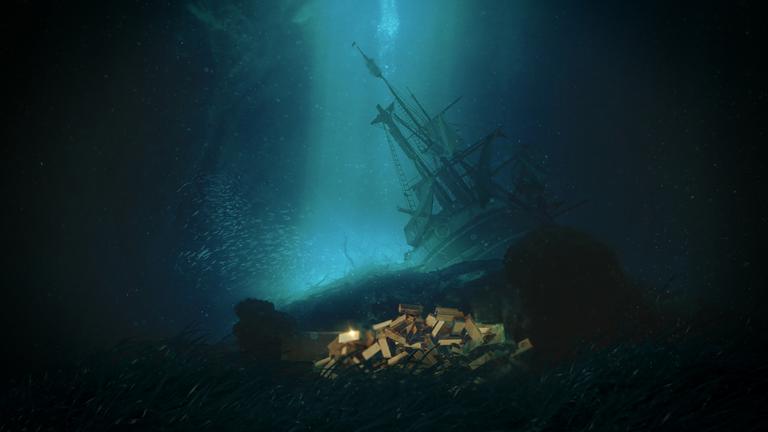 "Terra X - Die Schiffbrüchigen": Computeranimierte Szene. Am Meeresgrund ist ein Haufen Goldbarren zu sehen. Im Hintergrund ist ein Segelschiff zu sehen, von dem Blasen aufsteigen. Links daneben ein Schwarm Fische.