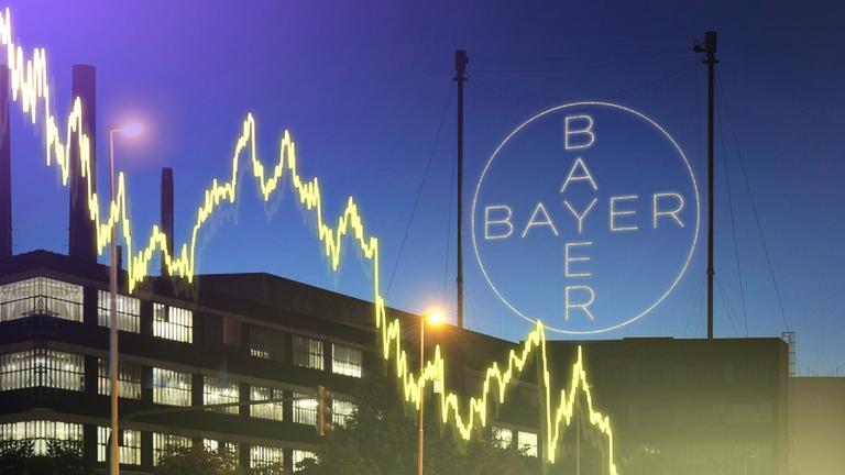 "Das Glyphosat-Debakel": Fotomontage: Fallende Aktienkurve. Und das Bayer-Kreuz.