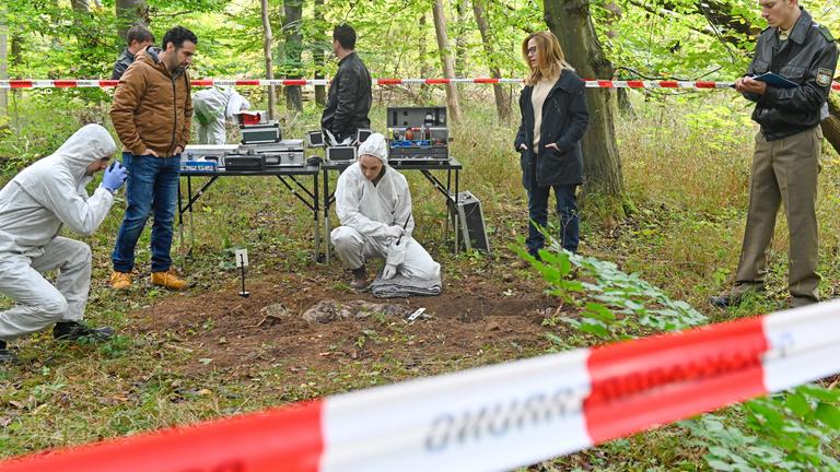 "Aktenzeichen XY... gelöst!": Beamtinnen und Beamte befinden sich tagsüber an einem abgesperrten Tatort im Wald. Die Spurensicherung untersucht die halb vergrabene Leiche.