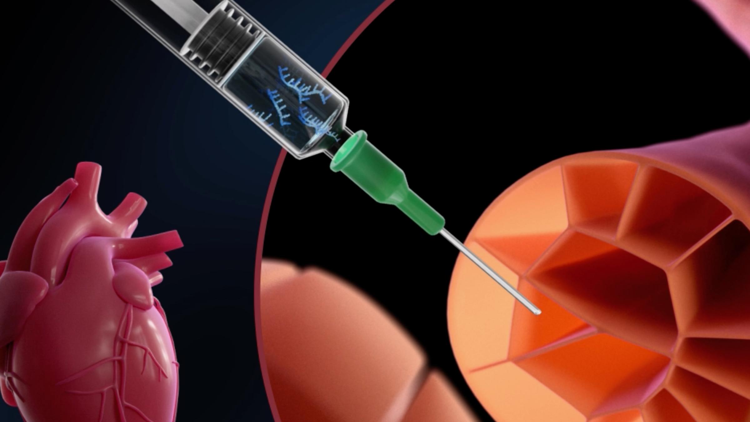 "mRNA – Hype oder Hoffnung?": Grafische Darstellung einer Spritze und eines menschlichen Herzen. Die Spritze injiziert einen mRNA-Impfstoff direkt in den Herzmuskel.