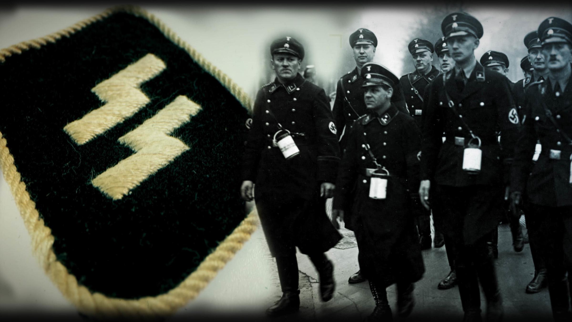 "Die SS - Macht und Mythos - Terror": Fotocollage. Rechts mehrere SS-Soldaten, links ein Kragenspiegel einer SS-Uniform.