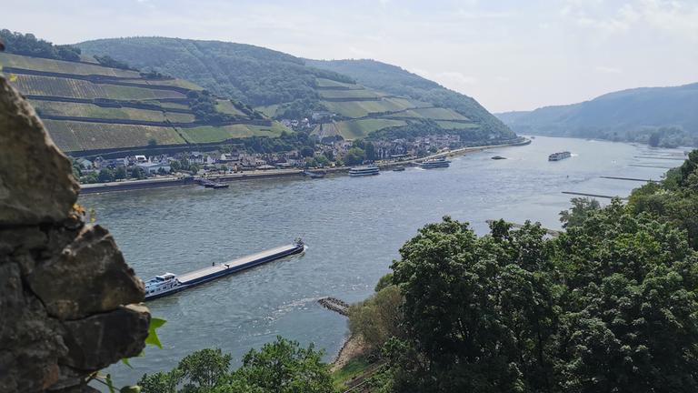 "ZDF.reportage: Entlang des Rheins - Flussgeschichten": Blick aus der Vogelperspektive bei sommerlichem Wetter auf den Rhein. Man erkennt Frachtschiffe und Ausflugsboote.