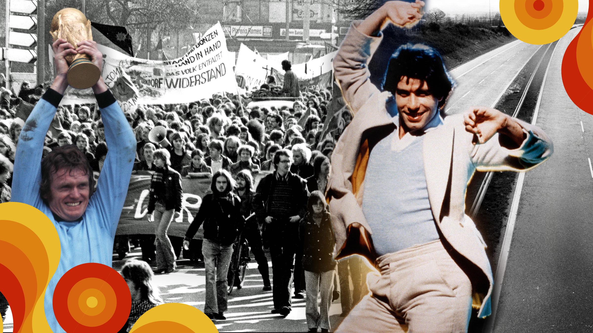 "Die 70er: 1970 - 1971: Hippie-Style und Hitparade": Montage: Rechts ein tanzender John Travolta, hinter ihm eine leere Autobahn; links Sepp Maier, der den WM-Pokal in die Höhe streckt, im Hintergrund eine Anti-Atomkraft-Demonstration.