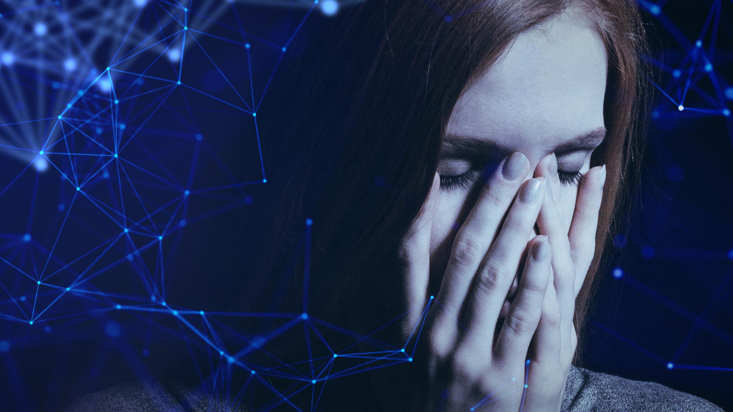 "Die Macht der Emotionen: Heilung": Montage; Nahaufnahme einer Frau, die die Augen geschlossen und die Hände vors Gesicht gelegt hat. Dazu leuchtende neuronale Linien vor einem dunkelblauen Hintergrund.