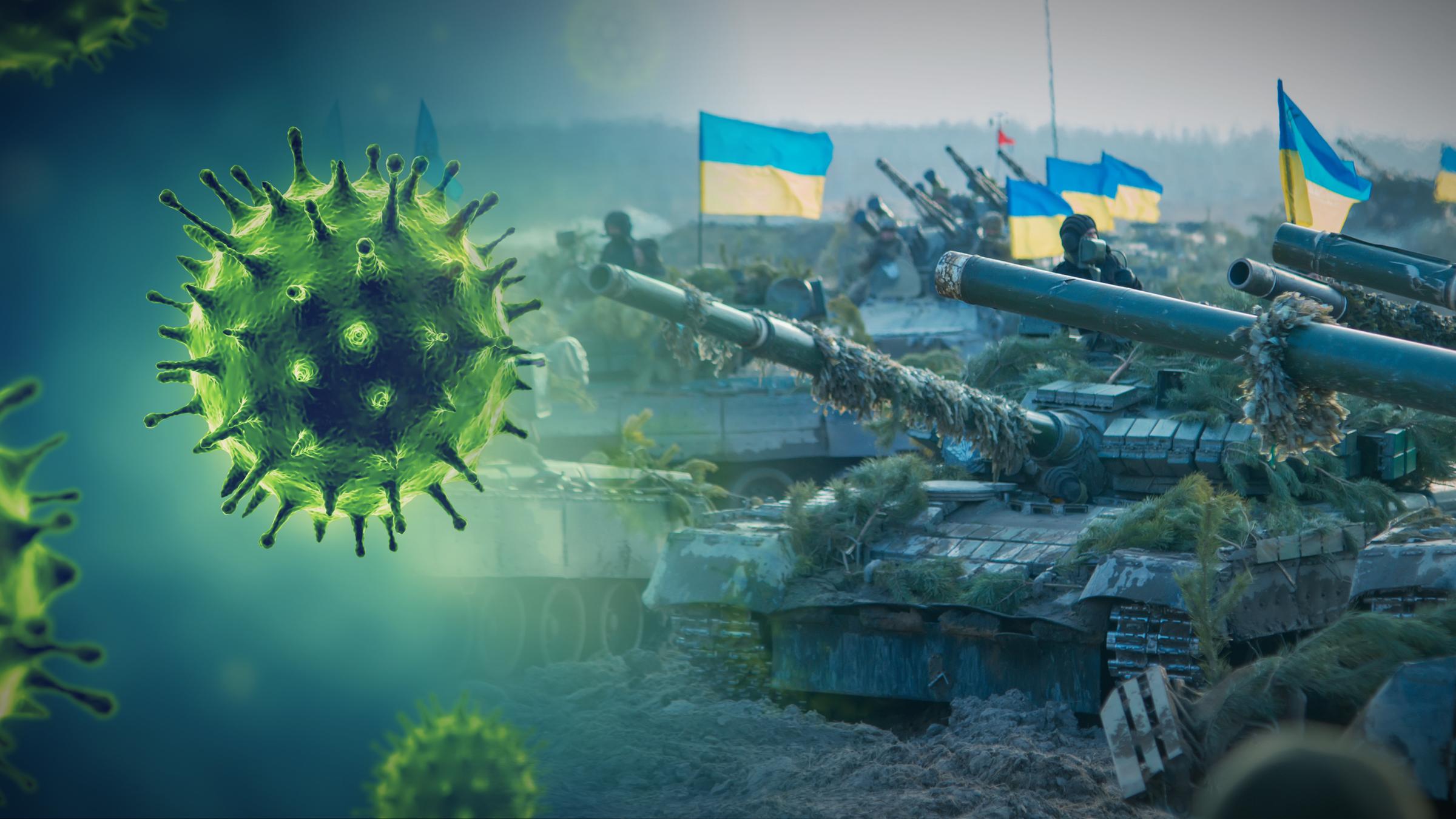 "Zeitenwende – Der Krieg und die Pandemie": Montage: Links ein 3D-Model des Covid-19-Virus, rechts eine Gruppe Panzer mit gehisster ukrainischer Flagge.