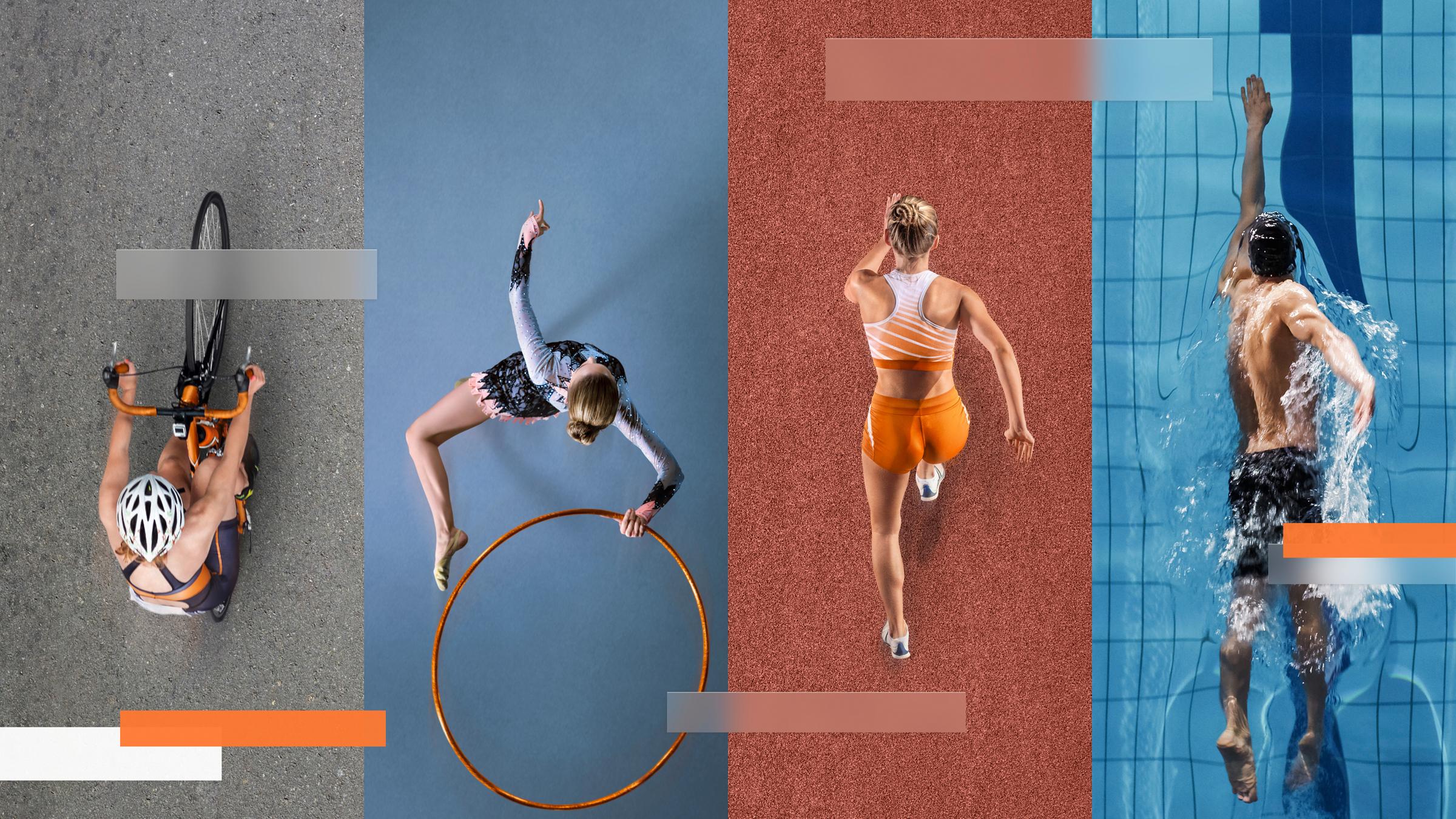 Montage von vier Bildern: Vogelsperspektive Radfahrerin, Rhythmische Sportgymnastik mit Reifen, Sprinterin auf Tartanbahn und Schwimmer krault in Schwimmbecken
