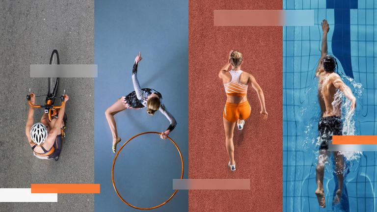 Montage von vier Bildern: Vogelsperspektive Radfahrerin, Rhythmische Sportgymnastik mit Reifen, Sprinterin auf Tartanbahn und Schwimmer krault in Schwimmbecken
