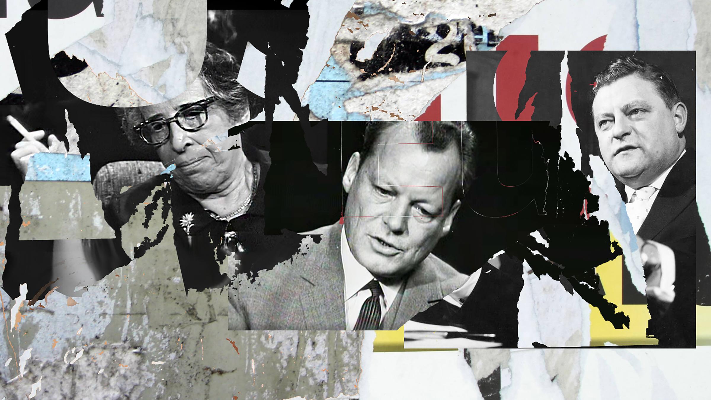 Schwarz-Weiß-Fotos von Hannah Arendt, Willy Brandt und Franz-Josef Strauß nebeneinander montiert.