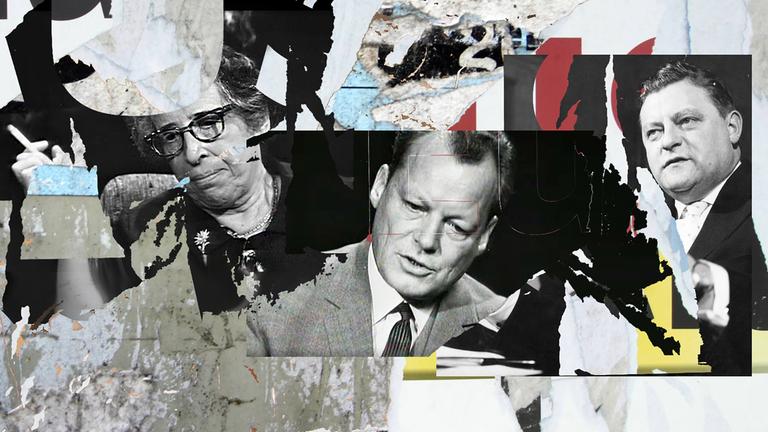 Schwarz-Weiß-Fotos von Hannah Arendt, Willy Brandt und Franz-Josef Strauß nebeneinander montiert.