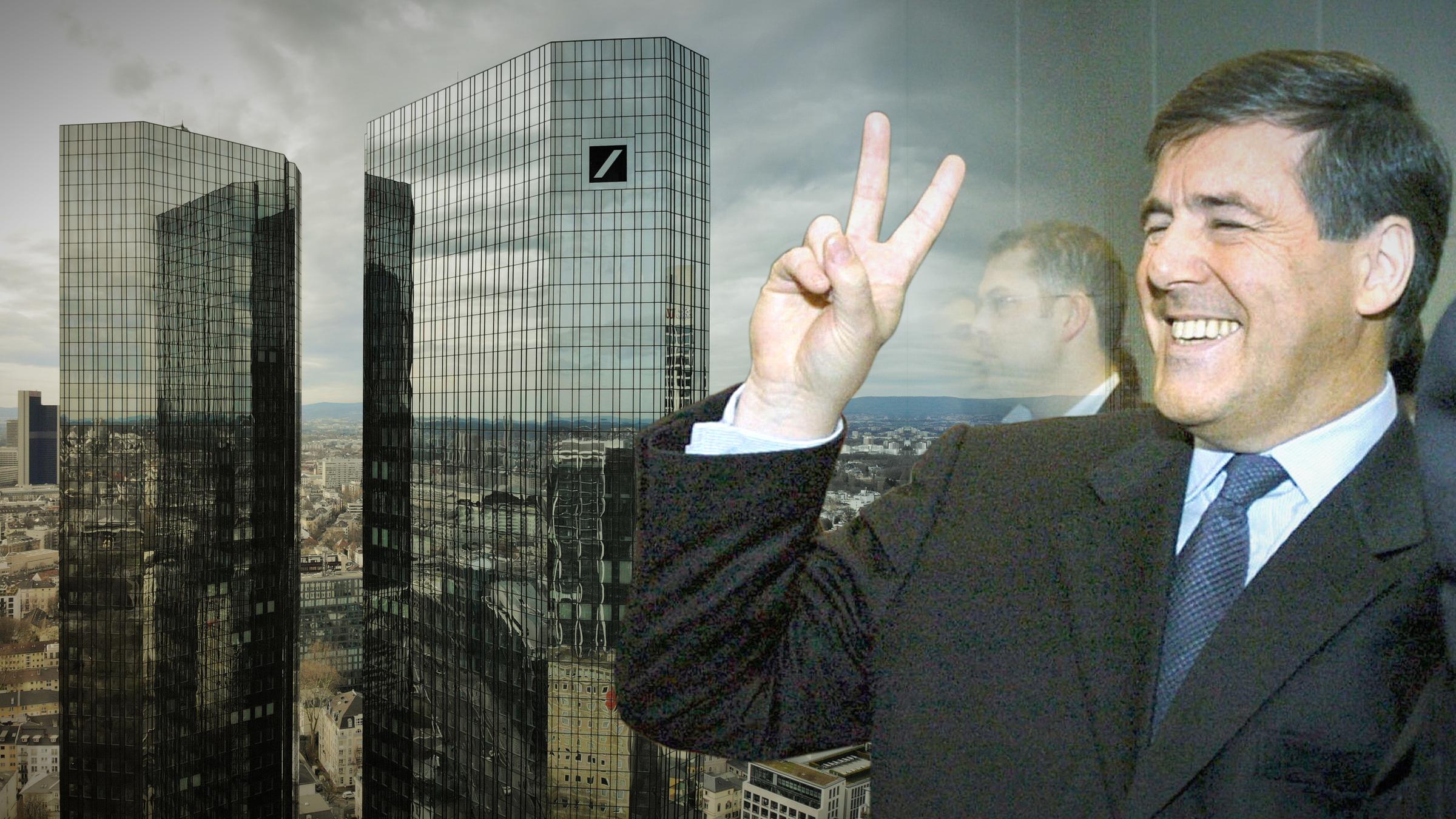 "Zeit der Gier - Josef Ackermann und die Deutsche Bank": Collage: Links die Türme der Deutschen Bank in Frankfurt am Main. Rechts Josef Ackermann (2004), der lachend das Victory-Zeichen macht.