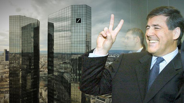 "Zeit der Gier - Josef Ackermann und die Deutsche Bank": Collage: Links die Türme der Deutschen Bank in Frankfurt am Main. Rechts Josef Ackermann (2004), der lachend das Victory-Zeichen macht.