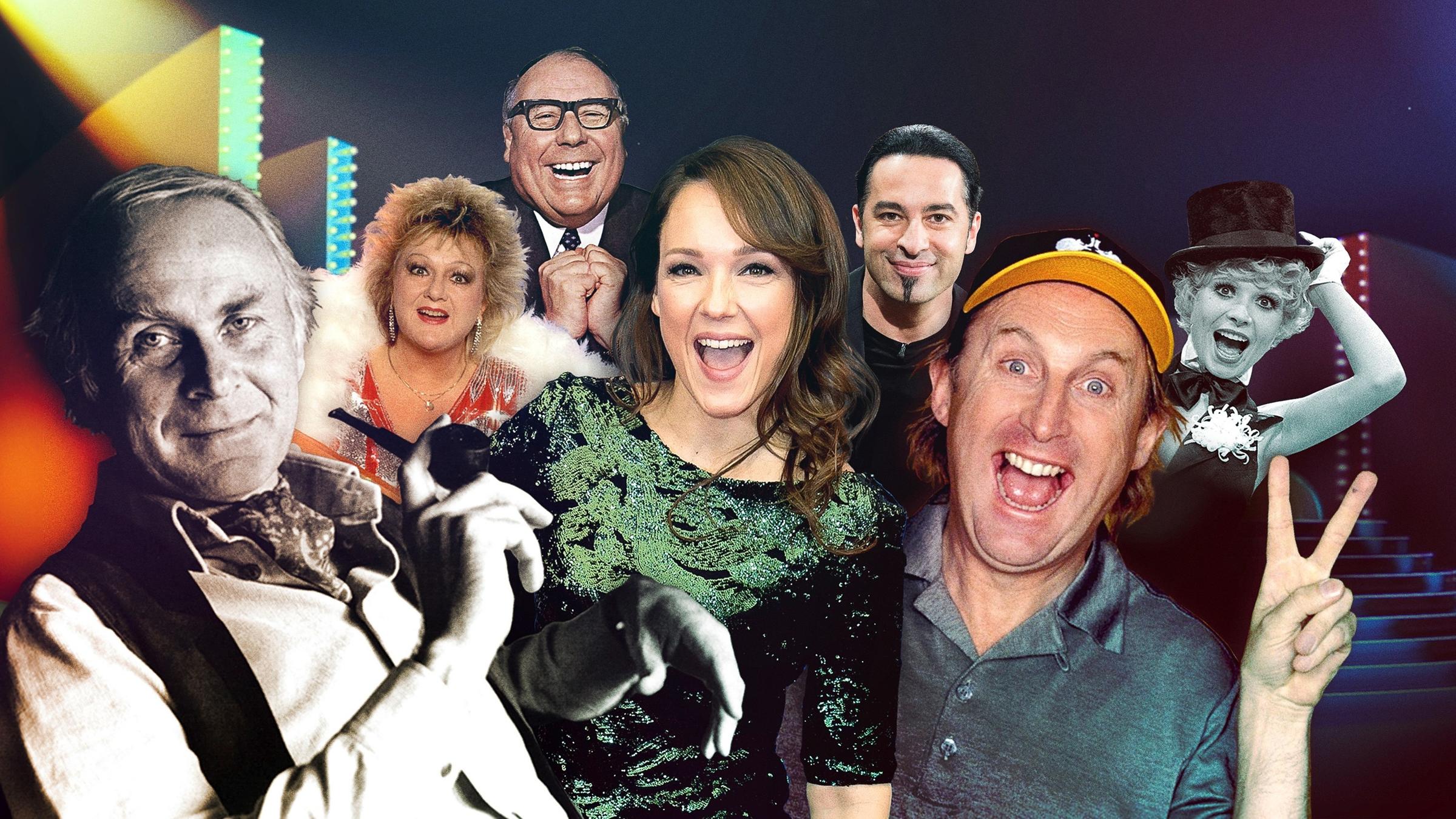 "ZDFzeit: Loriot, Otto & Co. - 60 JAHRE TV-COMEDY": In einer Collage vereint, strahlen Loriot, Otto, Carolin Kebekus, Helga Hahnemann, Heinz Erhardt, Bülent Ceylan und Ingrid Steeger um die Wette.