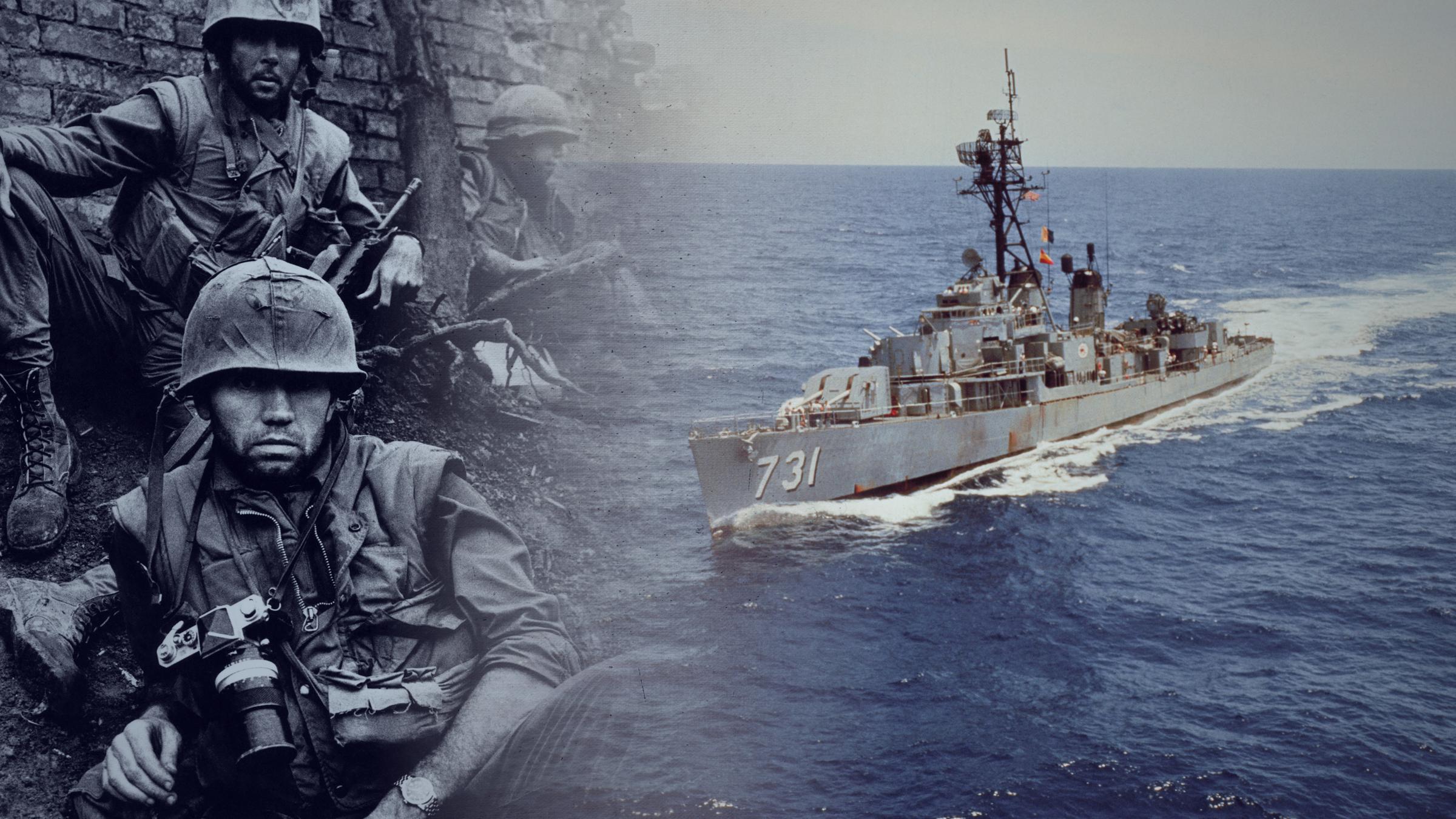 "Lüge und Wahrheit - Die Macht der Information: Krieg": Montage: Links ein Kriegsberichterstatter/Fotograf während des Vietnamkriegs; rechts das Kriegsschiff U.S.S. Ticonderoga.