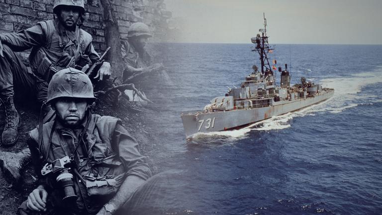 "Lüge und Wahrheit - Die Macht der Information: Krieg": Montage: Links ein Kriegsberichterstatter/Fotograf während des Vietnamkriegs; rechts das Kriegsschiff U.S.S. Ticonderoga.