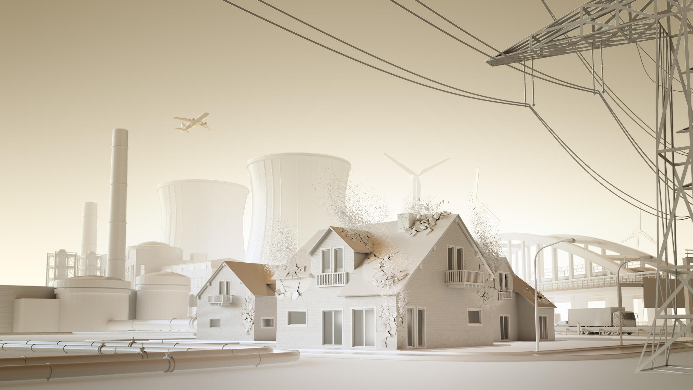 "ZDFzeit: Teuerland - Abschied vom deutschen Wohlstand?": Monochrome Grafik: Ein Einfamilienhaus, das zu zerfallen beginnt, steht unter Strommasten. Im Hintergrund sieht man ein AKW mit zwei Kühltürmen sowie eine Brücke. Ein Flugzeug fliegt über die Türme. Darunter steht in Versalien "TEUERLAND".