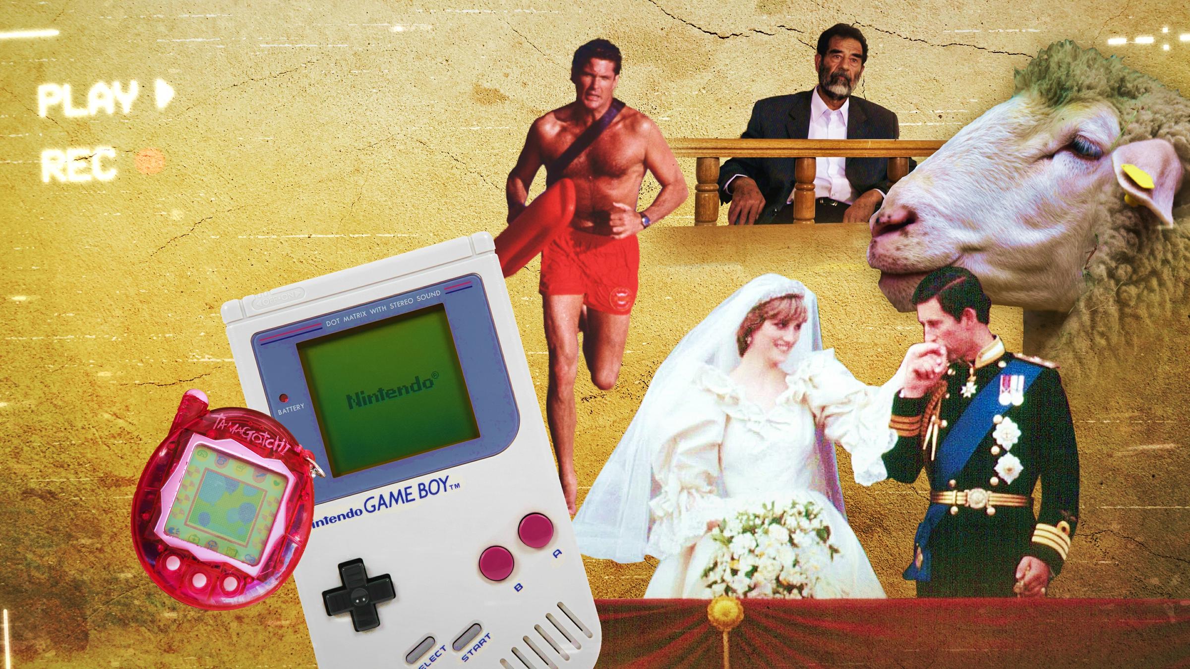 "The Year that Rocked the World" (ZDFinfo): Bildmontage mit Tamagotchi (1997), Nintendo Gameboy (1989), Baywatch-Star David Hasselhoff (1989), Charles und Diana (1981), Saddam Hussein auf der Anklagebank (2004) und Klonschaf Dolly (1997)