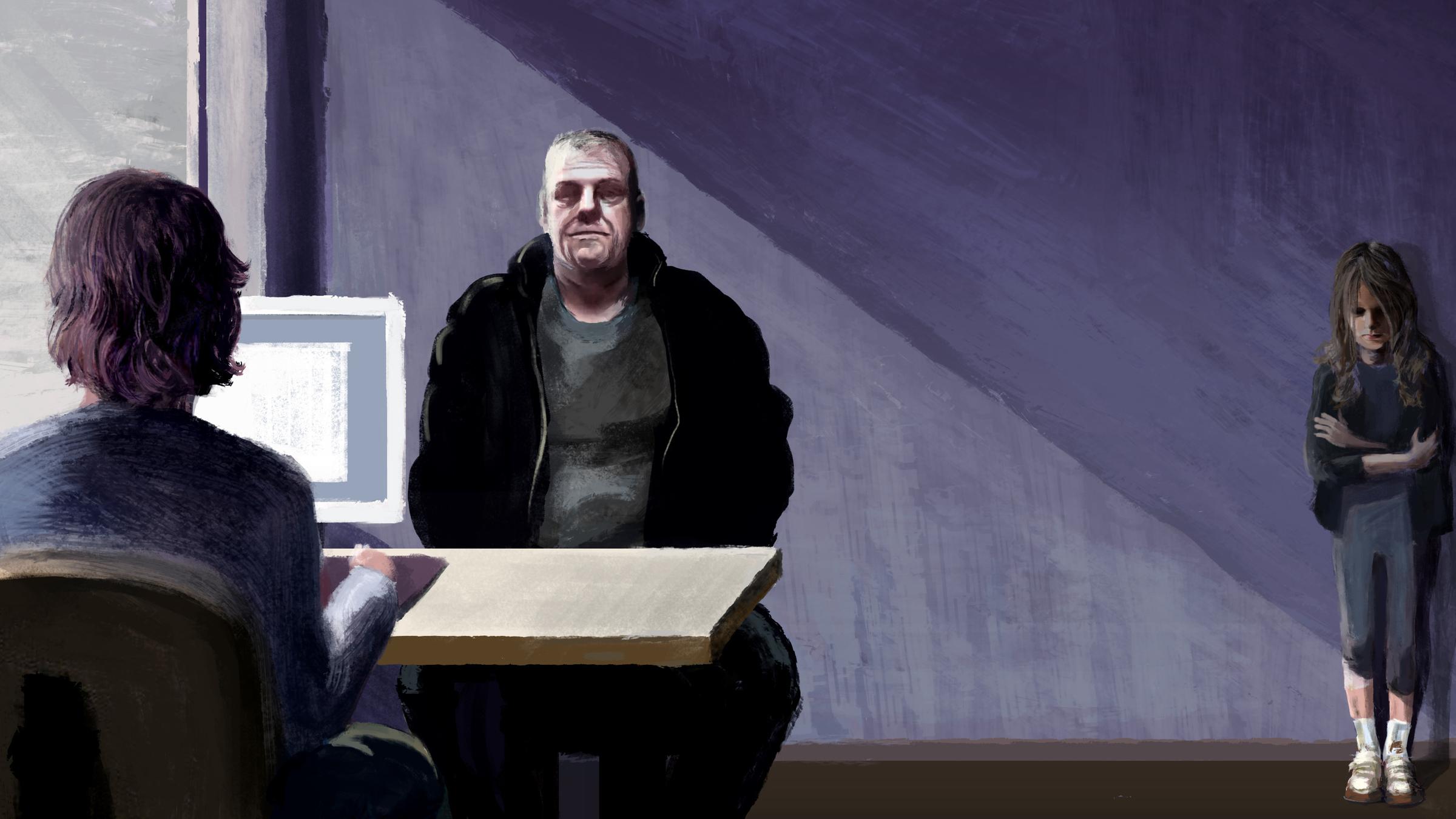 "Die Kinder von Lügde – Alle haben weggesehen: Der Campingplatz-Animateur": Zeichnung. Andreas V. im Jobcenter.