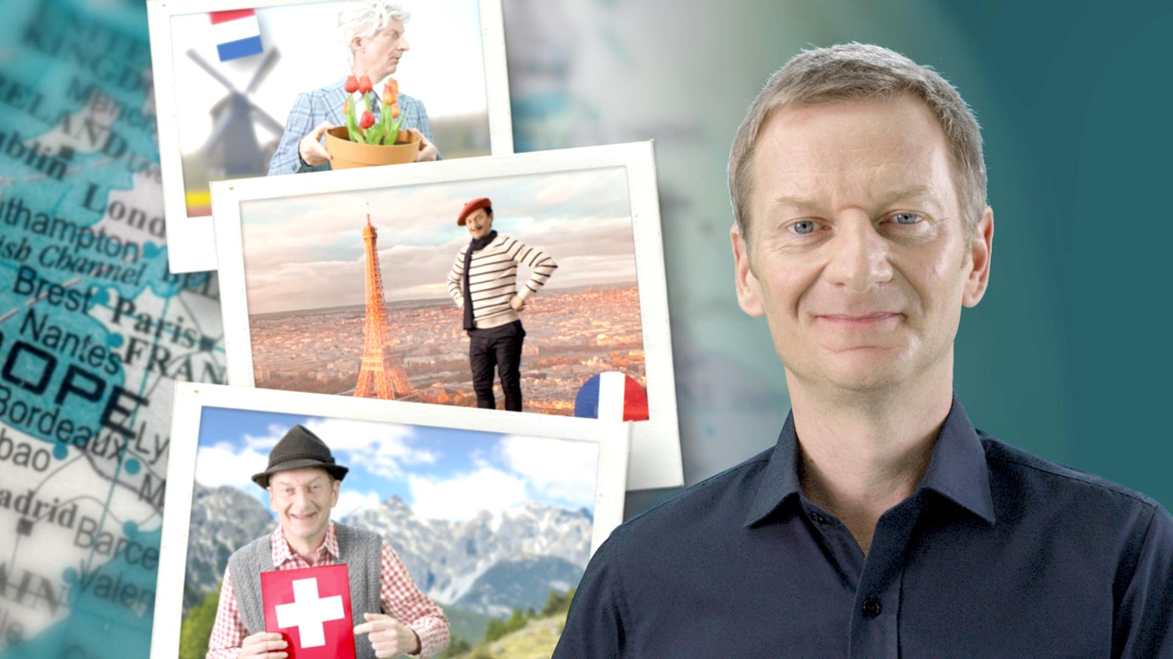 "ZDFzeit: Ziemlich beste Nachbarn - Mit Michael Kessler: Wir und die Franzosen": Grafisch animiertes Foto, das Michael Kessler als Niederländer mit Tulpentopf, als Franzose vor Eiffelturm und als Schweizer mit Landesflagge und rechts als Porträtbild zeigt.
