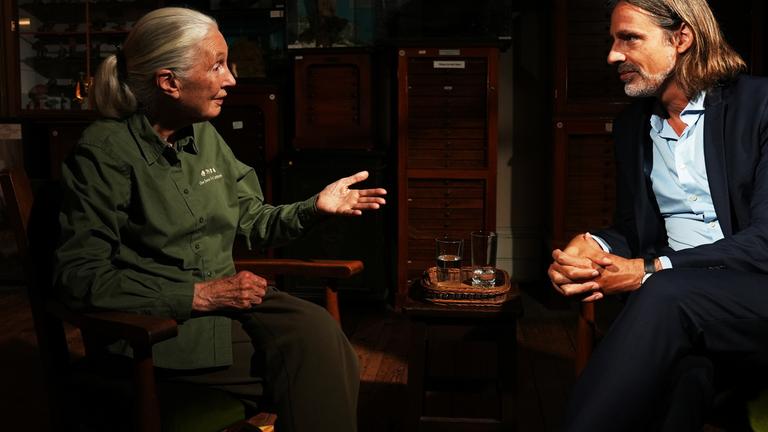 Jane Goodall im Gespräch mit Richard David Precht in der Jubiläumssendung zu zehn Jahre „Precht“ im ZDF