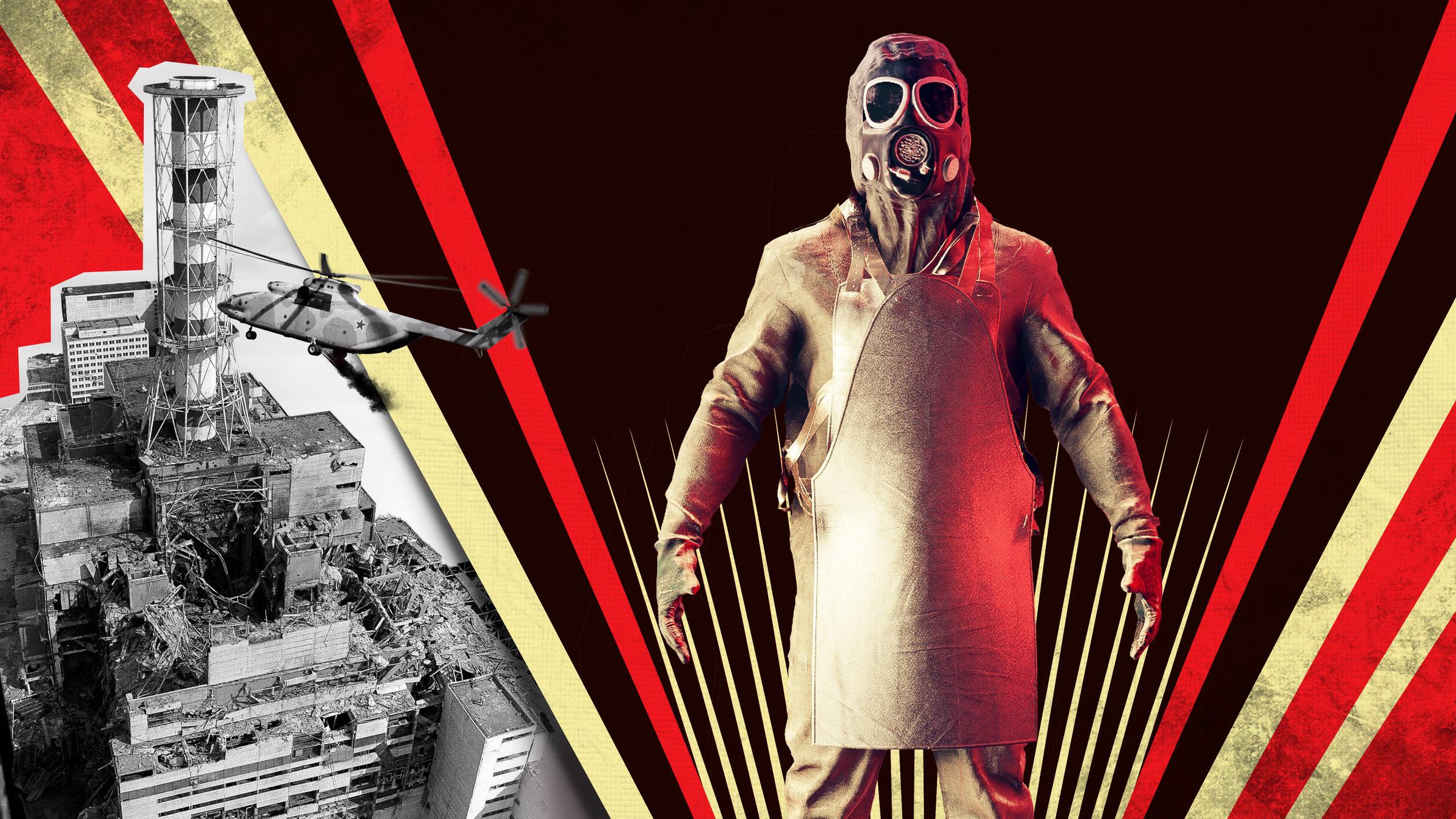 "Tschernobyl - Die Katastrophe: Paradies": Grafik: Linke Seite: Luftaufnahme des zerstörten Reaktorblocks 4 mit sowjetischem Hubschrauber, rechts: 3D-Animation eines Liquidators mit Schutzkleidung.