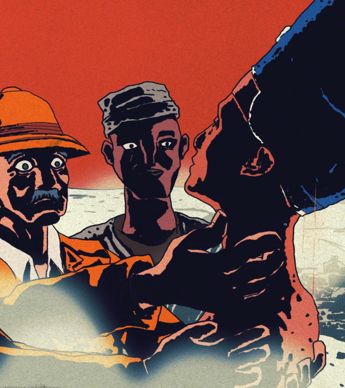 "Geraubte Schätze - Wem gehört das koloniale Erbe? - Die Büste der Nofretete - Neues Museum, Berlin, Deutschland": Animation von drei Männern, der linke und der mittlere halten die Büste in ausgestreckten Händen, alle drei betrachten sie, im Hintergrund die strahlende Sonne über einer wüstenartigen Landschaft.