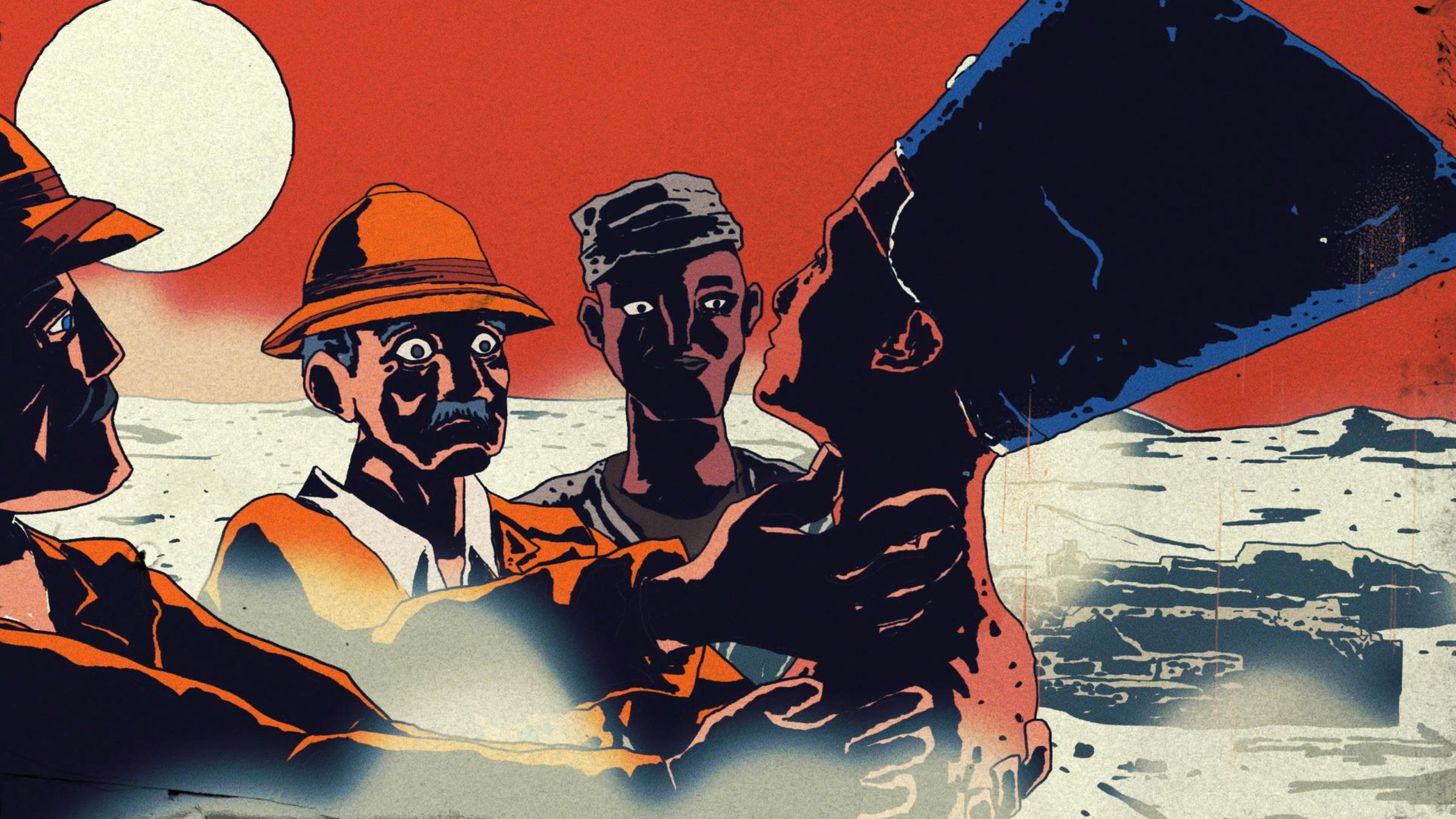 "Geraubte Schätze - Wem gehört das koloniale Erbe? - Die Büste der Nofretete - Neues Museum, Berlin, Deutschland": Animation von drei Männern, der linke und der mittlere halten die Büste in ausgestreckten Händen, alle drei betrachten sie, im Hintergrund die strahlende Sonne über einer wüstenartigen Landschaft.