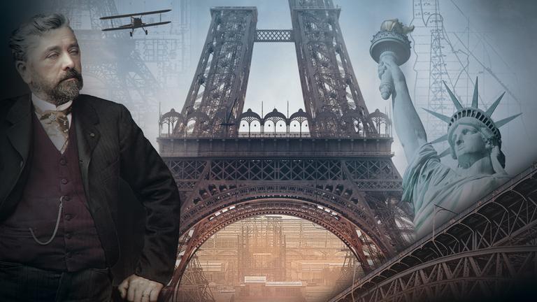 "Terra X: Gustave Eiffel: Der Mann, der den Eiffelturm erfand": Collage mit Gustave Eiffel und seinen Bauwerken.