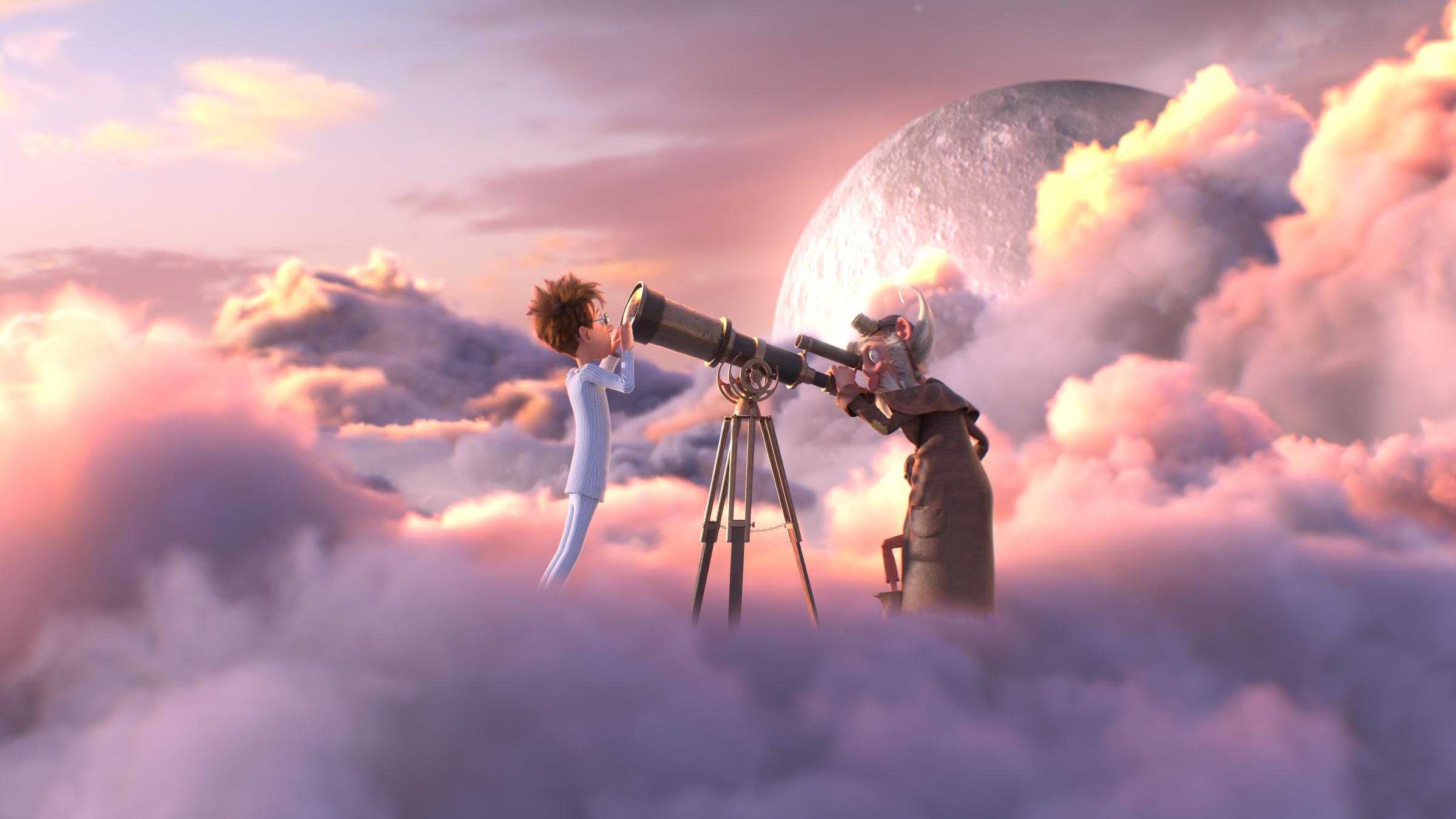 "Peterchens Mondfahrt": In einer rosafarbenen Wolkenlandschaft schaut ein Junge im Schlafanzug in die Spitze eines Teleskops. Am Okular steht ein braungekleideter älterer Mann.