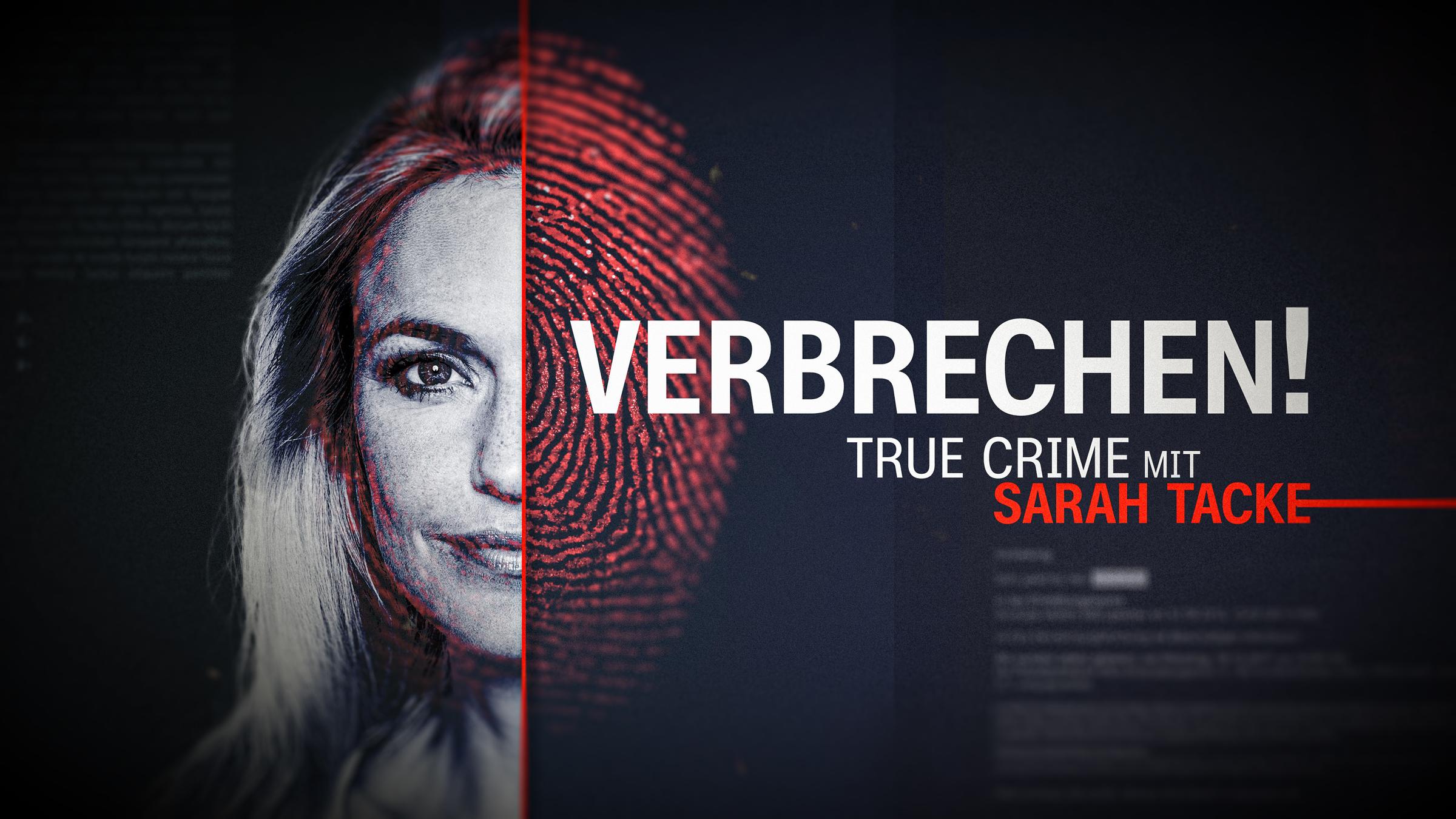 "Verbrechen! True Crime mit Sarah Tacke - Wie ticken Serienkiller?": Montage: Porträt von Sarah Tacke mit einem Insert des Sendungstitels