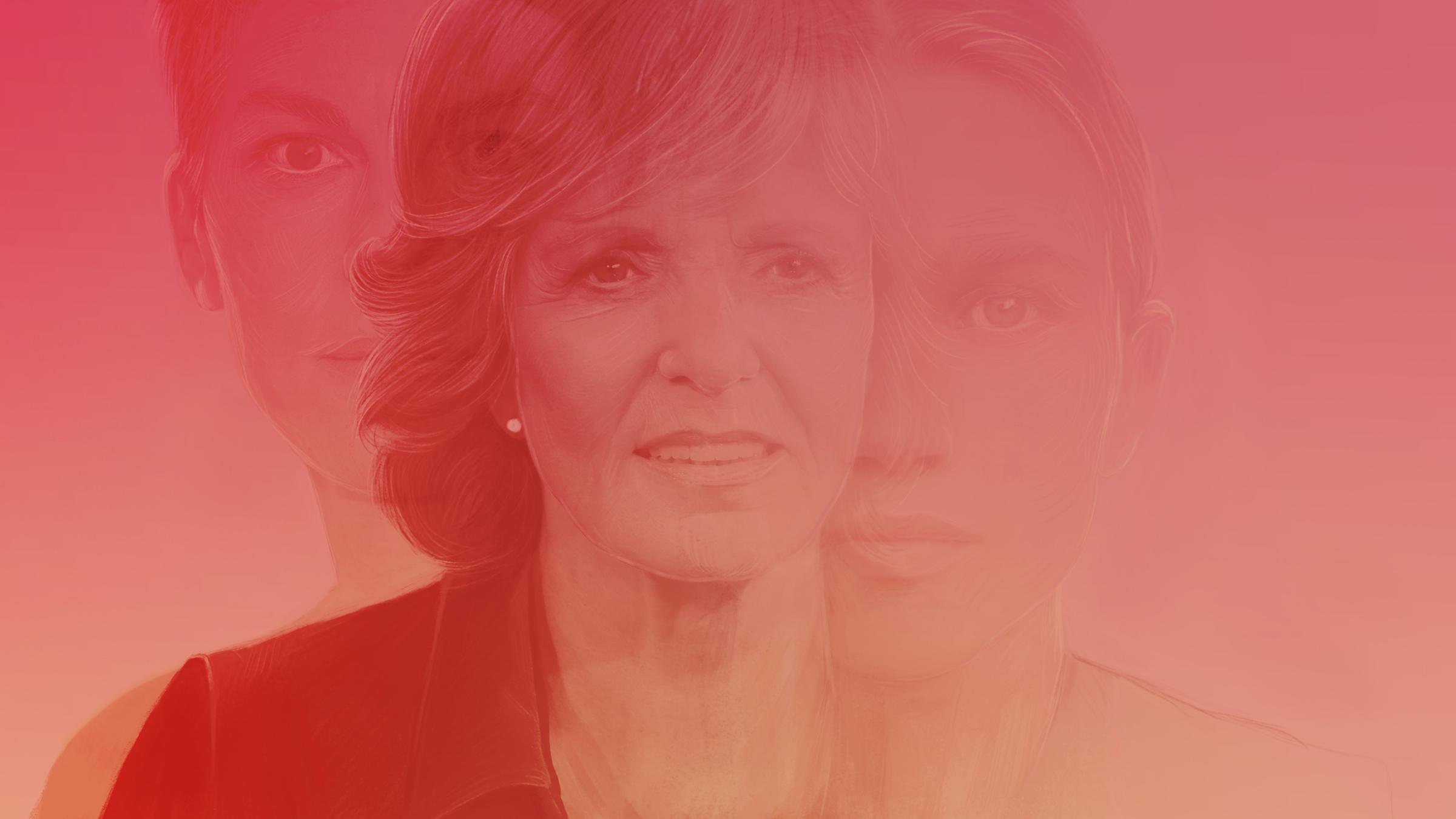 "Unsichtbar? - Schauspielerinnen ab 50": Illustration in Rottönen von drei Frauengesichtern unterschiedlichen Alters.