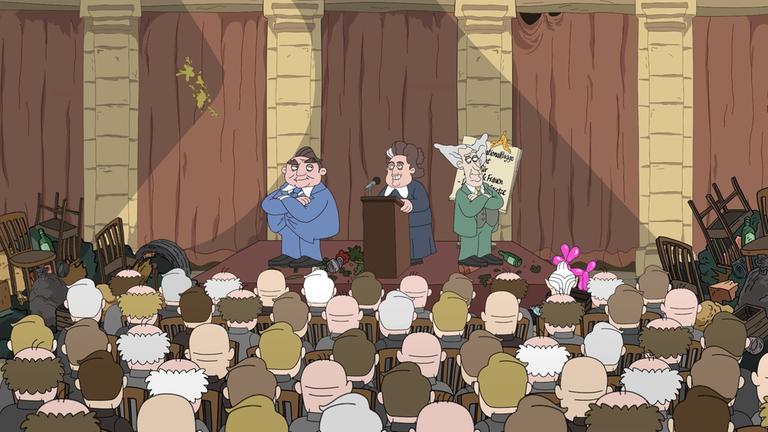 "Das Grundgesetz der Tiere": Carlo Schmidt, Elisabeth Selbert und Theodor Heuss als Comic-Figuren auf einer Bühne.