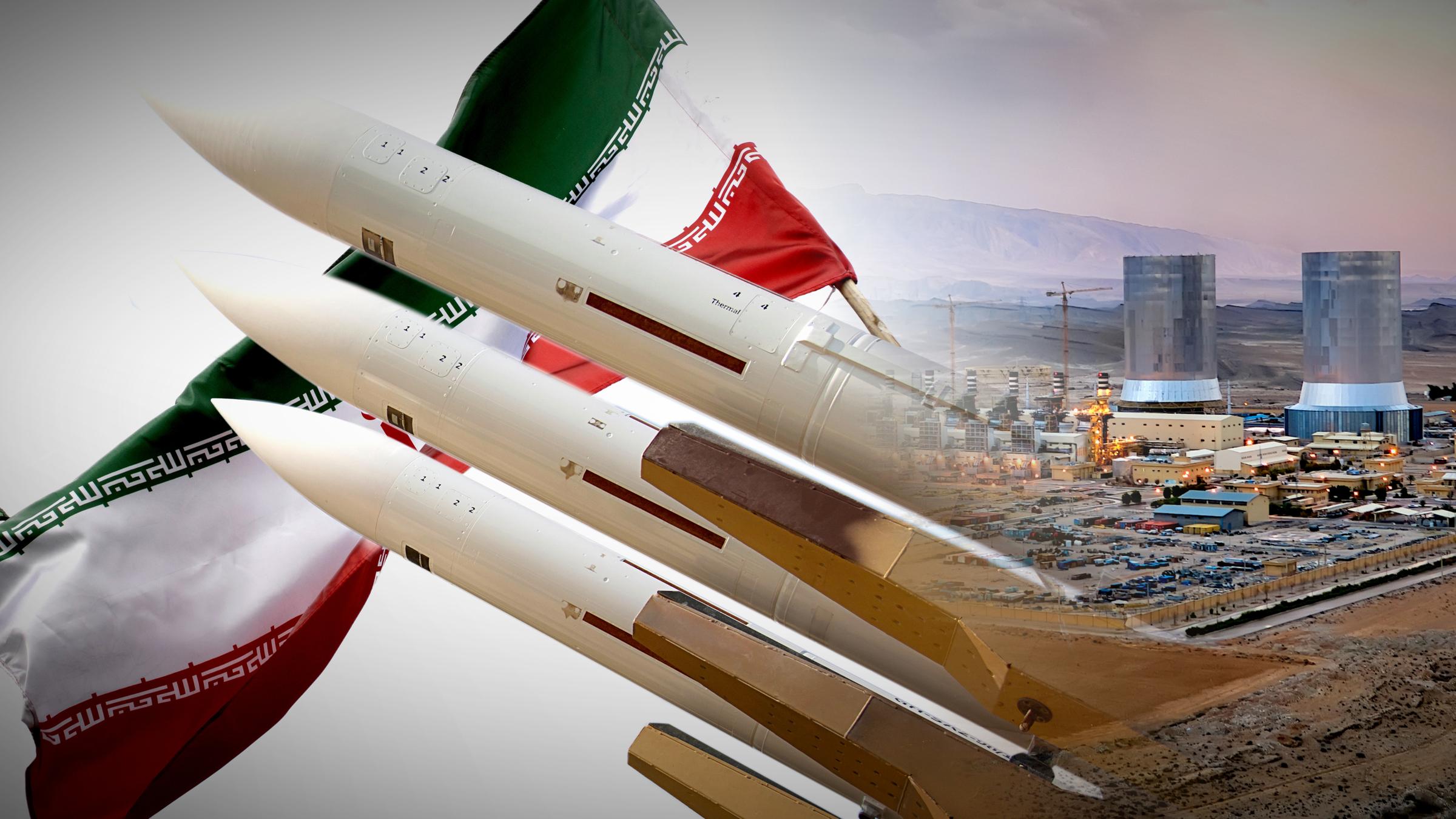 "Iran und die Bombe: Vom Partner zum Feind": Montage: Rechts ein Kraftwerk im Süden des Iran. Rechts die Flagge des Iran, die im Wind weht. Davor mehrere militärische Raketen.