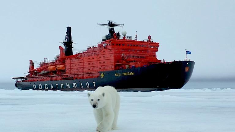 "Terra X: Die Arktis – 66,5 Grad Nord - Das große Schmelzen": Ein Eisbär läuft über ein Eismeer- Hinter im ein roter Eisbrecher.