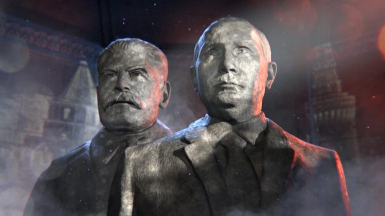 "Terra X History: Rückkehr der Diktatoren? Von Stalin zu Putin": Die grafische Collage zeigt Putin und Stalin als Büsten verfremdet. Im Hintergrund sind Elemente des Kremls zu sehen.