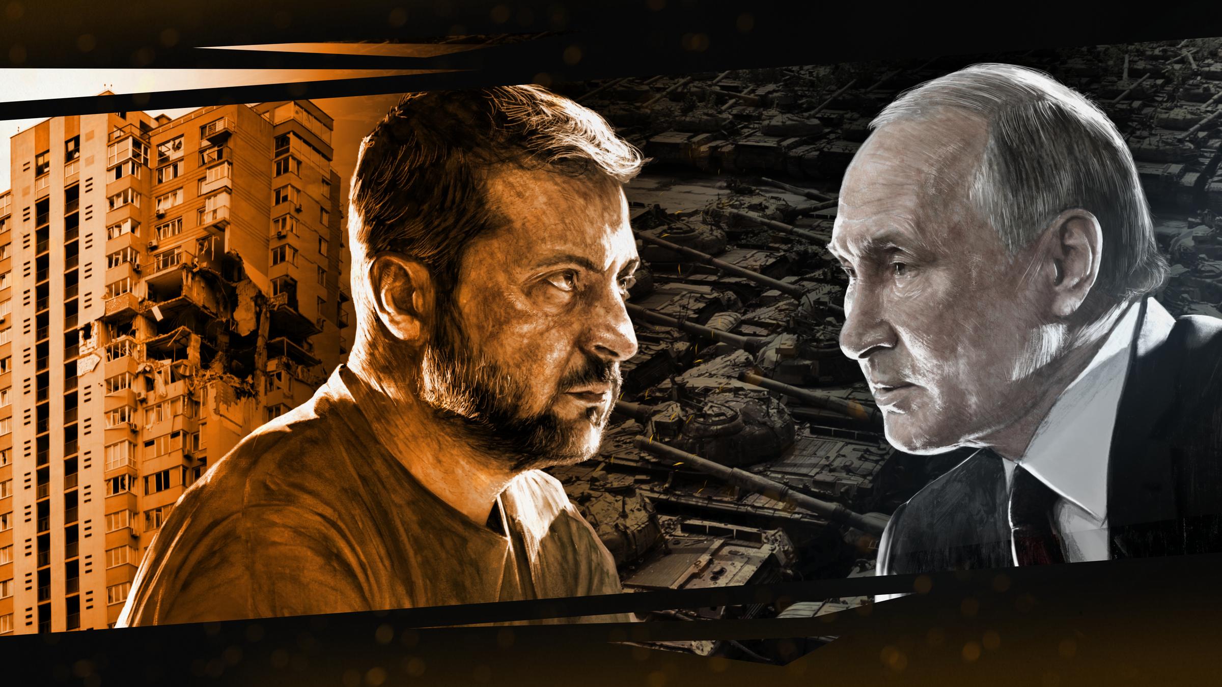 "Terra X History: Putin gegen Selenskyj - Wann gibt es endlich Frieden?": Die grafische Kollage zeigt links - beides monochrom -  ein teilweise zerstörtes Hochhaus und ein Profilbild von Selenskyj, rechts in Schwarz-Weiß eine Reihe von Panzern und ein Profilbild von Putin.