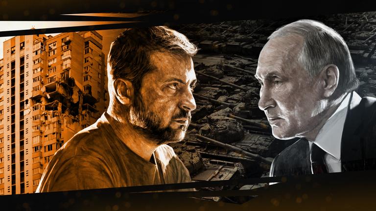 "Terra X History: Putin gegen Selenskyj - Wann gibt es endlich Frieden?": Die grafische Kollage zeigt links - beides monochrom -  ein teilweise zerstörtes Hochhaus und ein Profilbild von Selenskyj, rechts in Schwarz-Weiß eine Reihe von Panzern und ein Profilbild von Putin.
