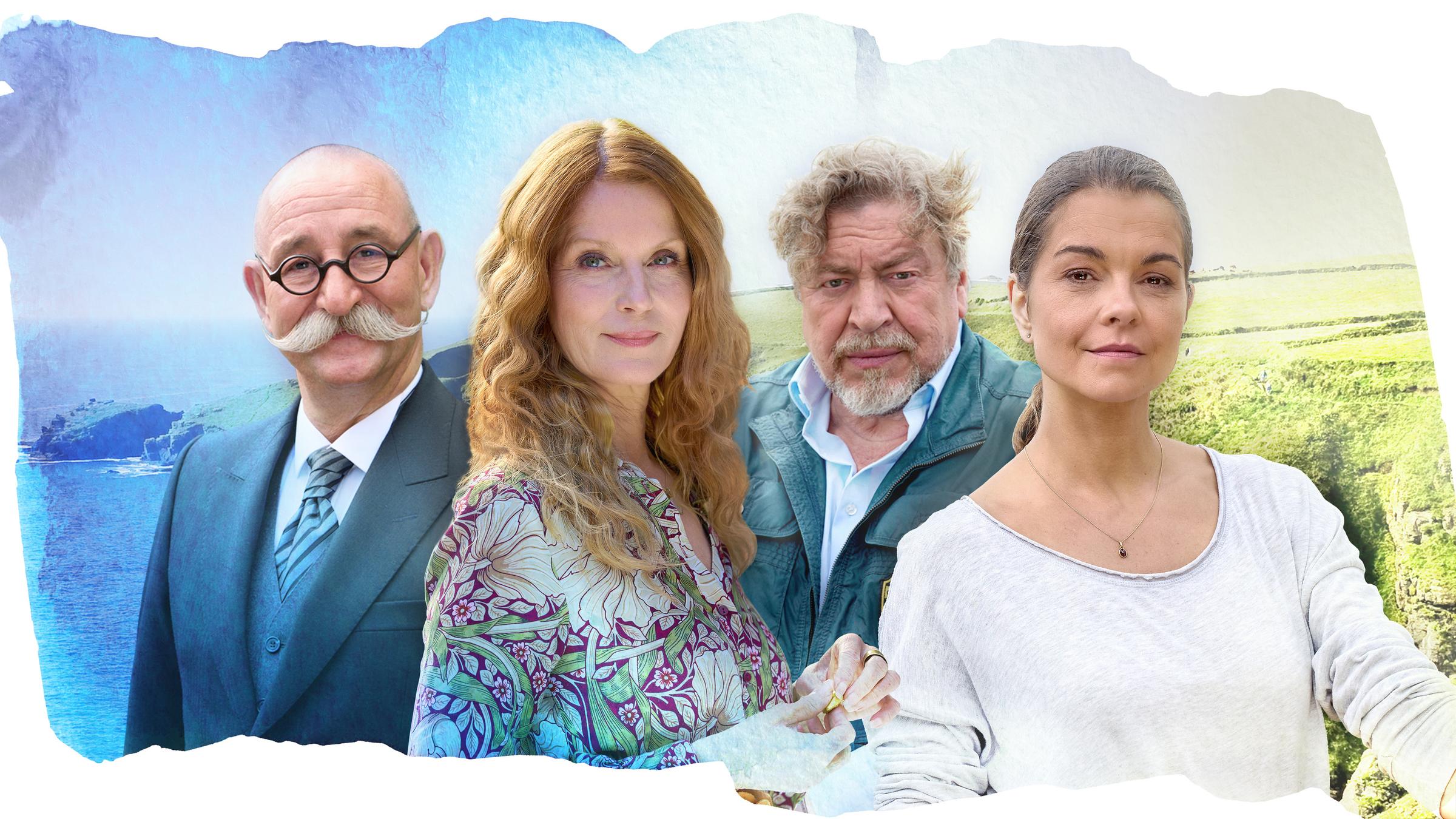 Auch die nächsten Pilcher-Verfilmungen sind wieder prominent besetzt – von links: Butler (Horst Lichter), Carol Caspian (Esther Schweins ), Brad Woods (Armin Rohde), Anne Harding (Susan Hoecke).