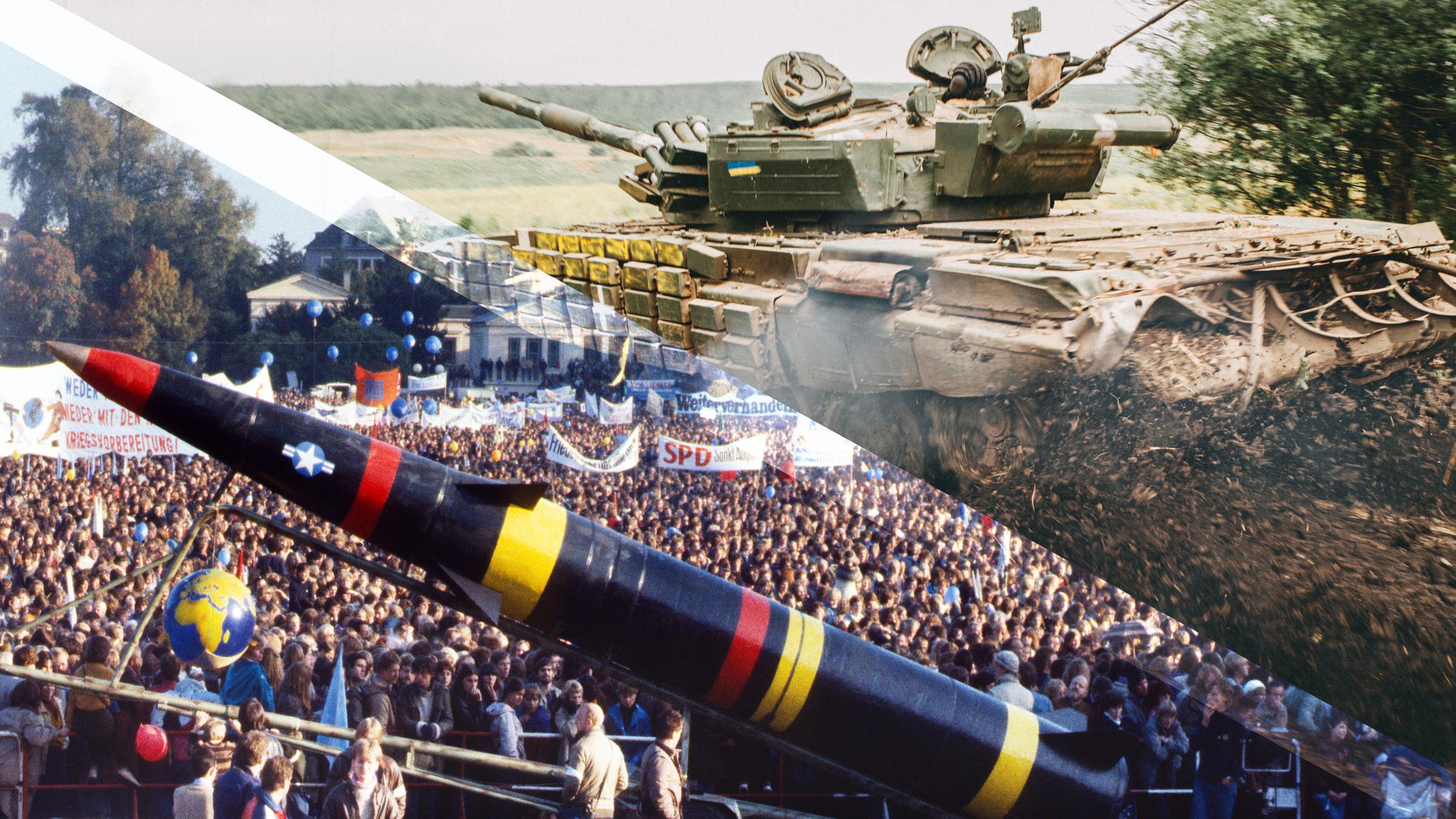"Déjà-vu - Ein neuer Blick auf die 80er-Jahre": Kollage eines Panzers und einer Rakete vor einer Menschenmasse.
