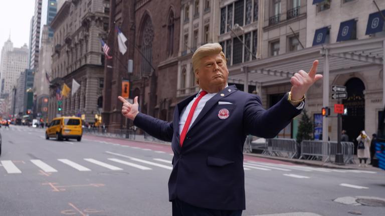  "Trump und der Weg zur Diktatur": Ein Mann im Anzug und mit einer Maske mit dem Aussehen Donald Trumps regelt auf einer Straßenkreuzung den Verkehr.