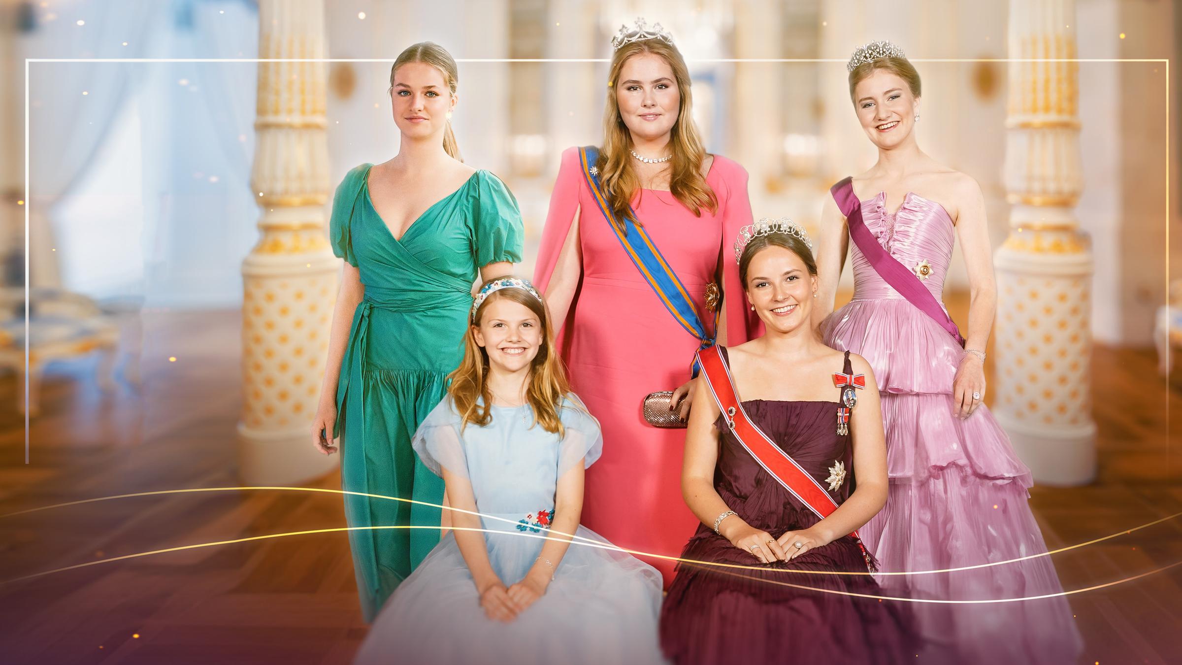 "ZDFroyal: Jung, weiblich, Prinzessin - Europas künftige Königinnen": Prinzessin Leonor von Spanien, Amalia der Niederlande, Elisabeth von Belgien, Estelle von Schweden und Ingrid Alexandra von Norwegen in einer Collage.