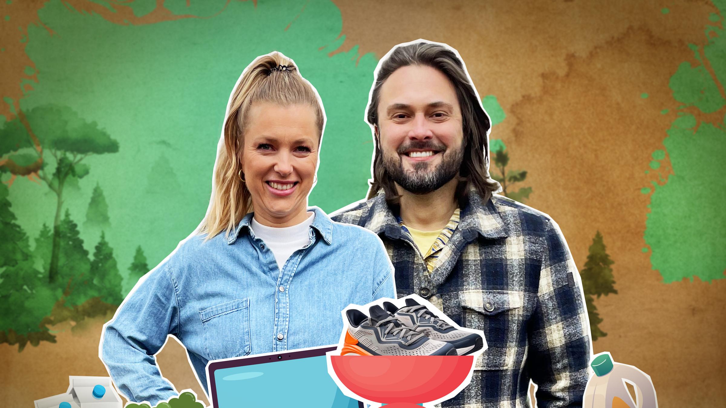 "Die Öko-Challenge: Geht nachhaltig auch günstig? - Familie Falke – Die Konsum-Junkies": Montage: Die lächelnden Gesichter von Anni Dunkelmann und Achim Sam sind von diversen Lebensmitteln und Haushaltswaren umgeben.
