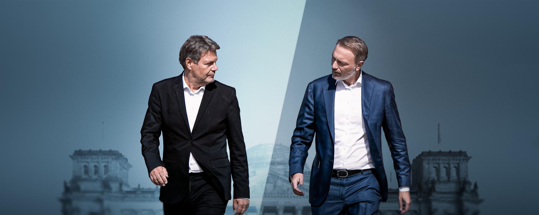 Bildbeschreibung: "Habeck contra Lindner - Ziemlich beste Gegner": Kollage von Robert Habeck und Christian Lindner vor dem Reichstagsgebäude in Berlin