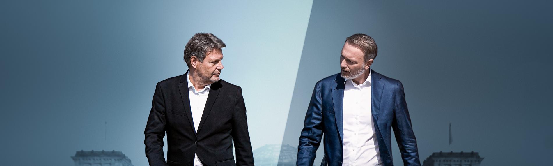 Bildbeschreibung: "Habeck contra Lindner - Ziemlich beste Gegner": Kollage von Robert Habeck und Christian Lindner vor dem Reichstagsgebäude in Berlin