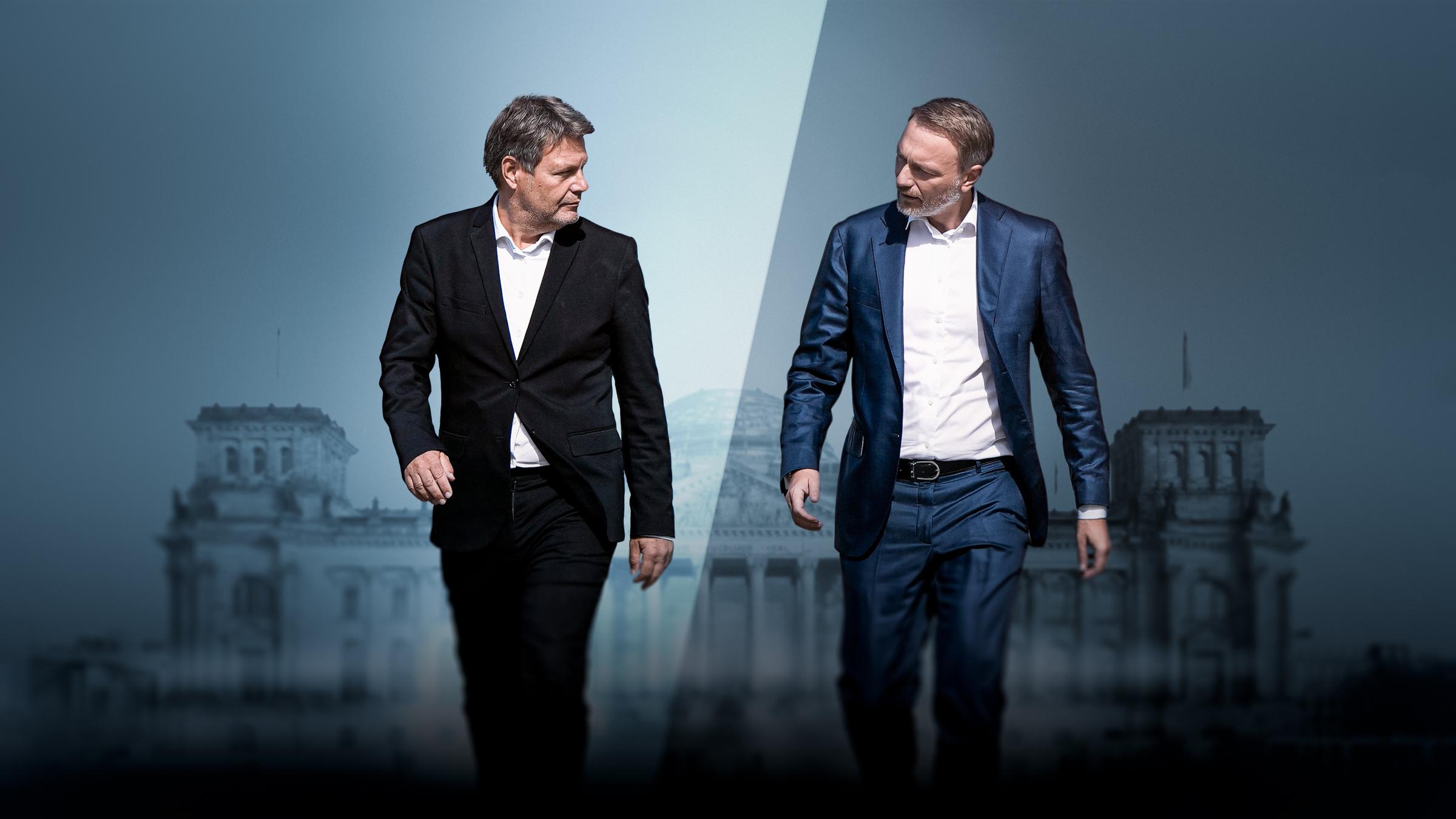 Bildbeschreibung: "Habeck contra Lindner - Ziemlich beste Gegner": Kollage von Robert Habeck und Christian Lindner vor dem Reichstagsgebäude in Berlin